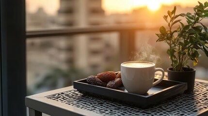 Beautifully Arranged Plate of Fresh Dates Next to Arabic Coffee Mug on Table with Sunset Background in Outdoor Setting