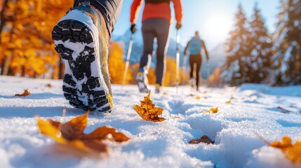 Friends Enjoying a Beautiful Hiking Adventure in a Scenic Outdoor Winter Wonderland with Snow and Fall Leaves