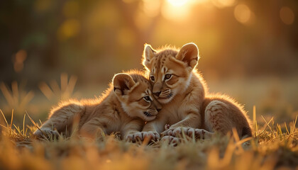 Adorable lion cubs bonding in the golden sunset light during the african safari