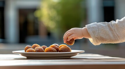 Child Reaching for Plate of Delicious Dried Fruit on Table in Bright Outdoor Setting Captured in High Fidelity