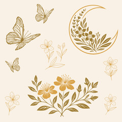 Litha Cottagecore Vektor Set mit Johanniskraut, Schmetterlingen und floraler Mondsichel. Sommerlich, magische Vektorillustration im Witchy Nature Stil für Mittsommer Ästhetik. 