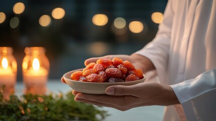 Close-up of Hands Offering Dates to Guests During Iftar Celebration with Soft Ambient Lighting and Candles
