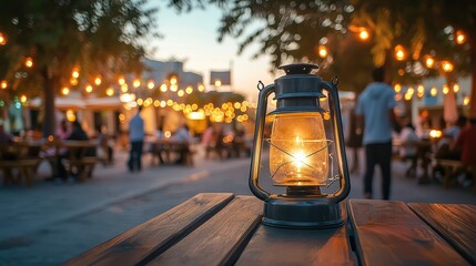 Lantern Illuminating Gathered Community for Iftar Meal Around a Beautiful Table with Soft Evening Lights