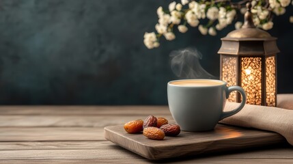 Tranquil Setting for Ramadan Celebration Featuring Arabic Coffee, Dates, and Traditional Lantern Among Floral Decor