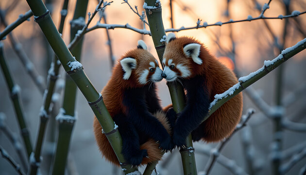 Adorable red pandas in winter forest: a heartwarming encounter on snowy branches