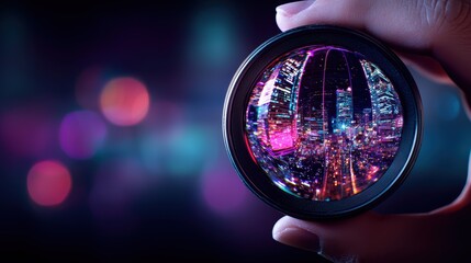 Close-Up View of a Camera Lens Held by Hand Capturing a Vibrant Cityscape with Bokeh Effect, Showcasing Sharp Details and High Fidelity Imagery
