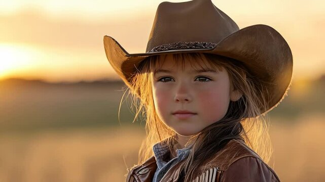 Child in cowboy attire at sunset with contemplative gaze