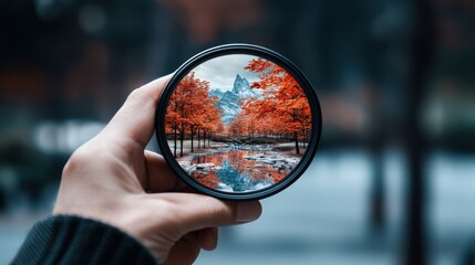 Hand Holding Camera Lens Displaying Vibrant Autumn Landscape with Mountains and Reflection in Water, High Detail and Sharp Focus