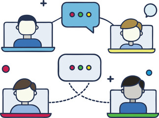Flat vector illustration of a virtual meeting with four people connected through laptops and chat bubbles. Perfect for communication, teamwork, and online collaboration concepts. Modern digital design