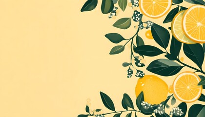 Citrus fruit and leaves design on a pale yellow background.