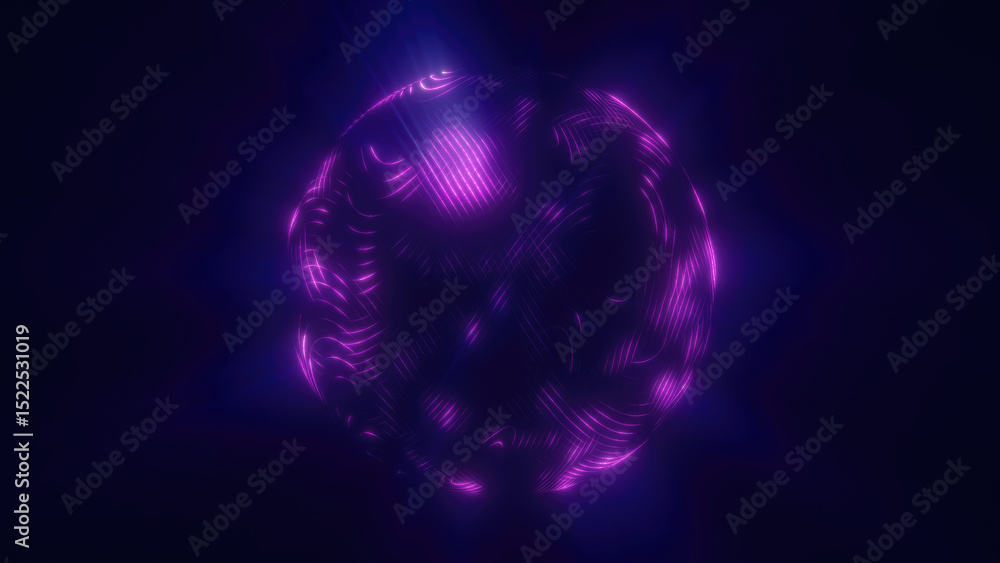Poster a glowing purple sphere with intricate neon-like patterns floating in a dark background, resembling 