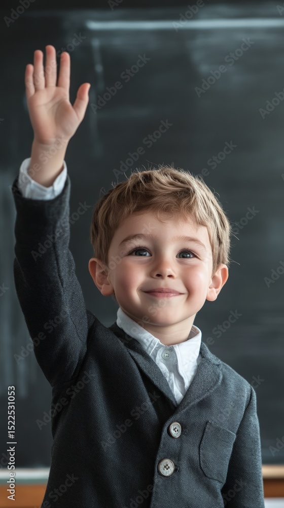 Poster elementary schoolchild confidently raising hand while answering teacher's question, displaying enthu