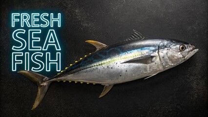 Digital poster of a realistic tuna fish against a black backdrop with neon blue typography reading ?Fresh Sea Fish.?