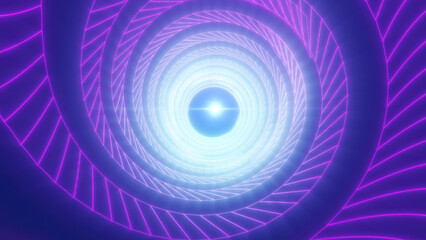 Vibrant purple and pink wireframe tunnel leading to a central glowing sphere, representing digital technology, futuristic design, and innovation background