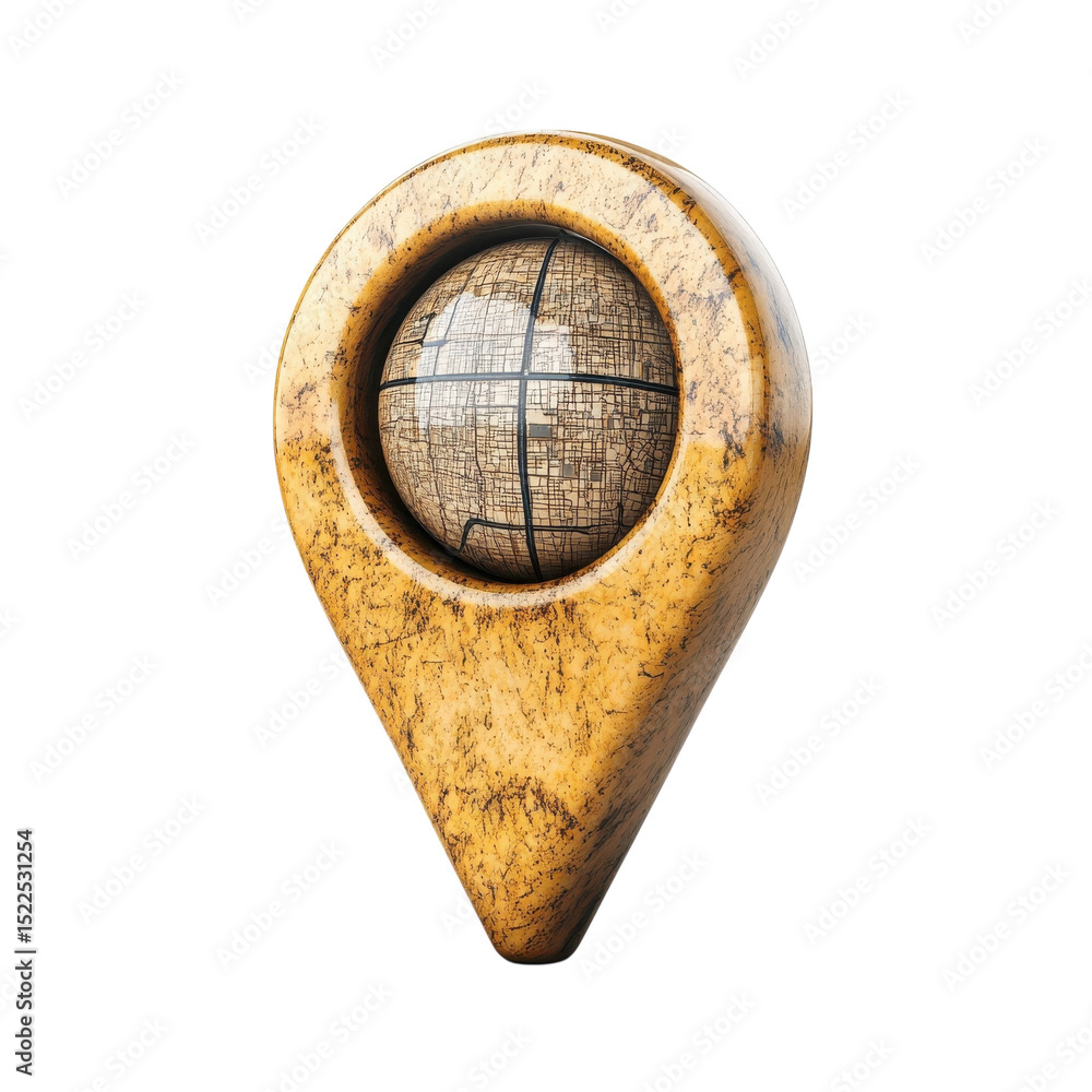 Poster golden map pin location icon with sphere displaying city grid pattern on transparent background
