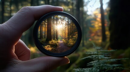Hand Holding Camera Lens Displaying Forest Scene with Sunlight Filtering Through Trees in a Crisp, High Fidelity Image