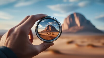 A Close-Up View of a Hand Holding a Camera Lens Displaying a Landscape with Sharp Details and High Fidelity in a Desert Setting