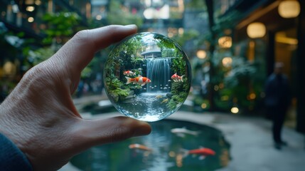 Captivating Lensball Perspective of a Serene Garden Waterfall Surrounded by Vibrant Koi Fish and Lush Greenery Creating a Magical Natural Scene
