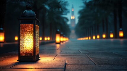 Mystical Night Scene Captured During Ramadan Featuring Glowing Lanterns in an Enchanting Outdoor Setting