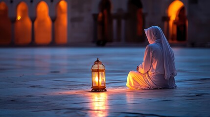 Muslim Woman in Traditional Attire Praying Peacefully in a Serene Setting with Lantern Light at Dusk in a Beautiful Architectural Space