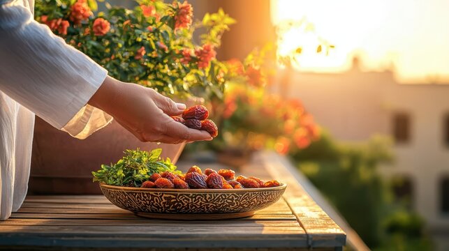 Mother Preparing Traditional Iftar Meal with Fresh Fruits and Herbs at Sunset on a Rustic Balcony Surrounded by Beautiful Flowers