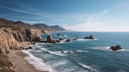 Panoramic Vista of California Coastline with Rocky Outcrops and Clear Skies