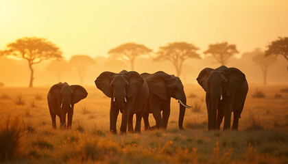 Obraz premium Elephants at Golden Hour: Majestic Animals Roaming the African Savannah at Sunrise