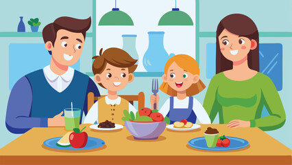 Cartoon Family Dining Together Parents and Children Enjoying Meal at Table in Kitchen