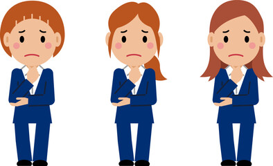 あごに手を当て困り顔の紺色スーツの若い女性。その2