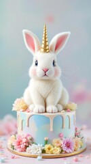Obraz premium White bunny with golden unicorn horn sitting atop a pastel colored cake with flower decorations