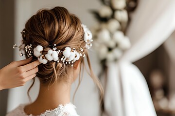 A wedding hairstyle decorated with fluffy cotton flowers creates an airy and romantic look.