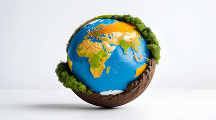 Playful miniature earth model with vibrant colors against white
