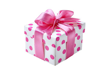A gift box, square, white with pink polka dots, and a pink satin ribbon bow