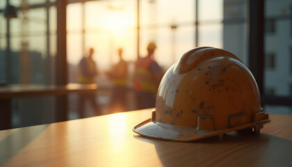 Hard hat and silhouette engineers against sunset, building construction, teamwork