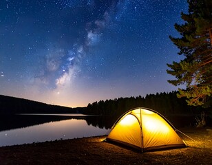 Night sky camping scene by a lake