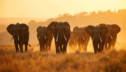 Fototapeta premium Majestic african elephants illuminated by the warm glow of the setting sun