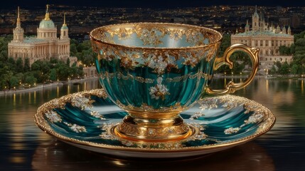 Elegant Teal Teacup   Saucer  Gold Trim  Palace Setting  Night Cityscape