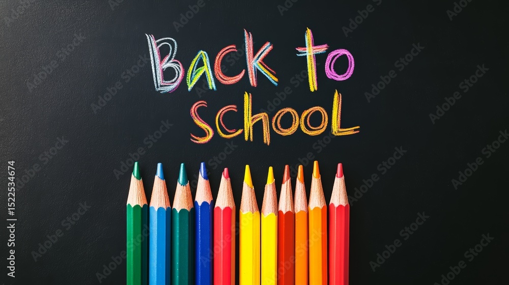 Poster colorful pencils are arranged neatly on a blackboard with the phrase back to school written in vibra
