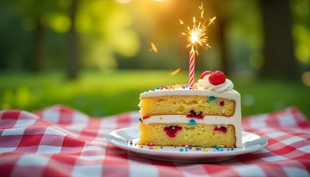 A colorful birthday cake slice with a sparkler candle.