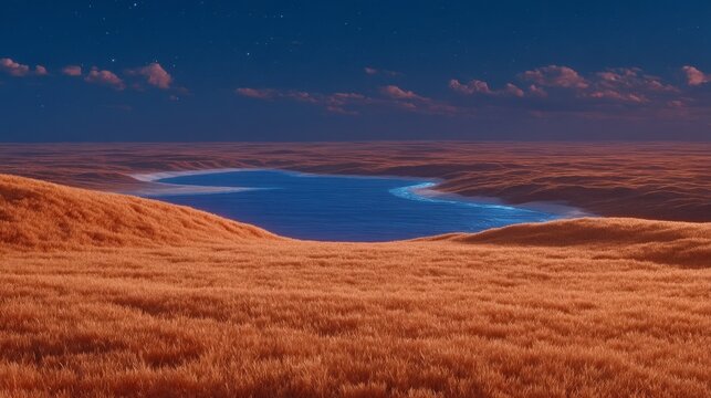 Serene Autumn Landscape  Golden Grass Field  Twilight Lake  Starry Sky