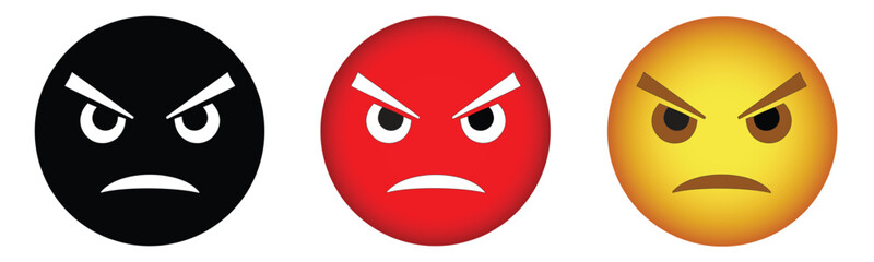 Three angry emoji faces in black, red, and yellow, perfect for conveying strong emotions or negative feedback.