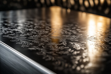 Various patterns and engravings on metal laser engraving closeup background.