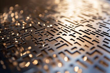 Various patterns and engravings on metal laser engraving closeup background.