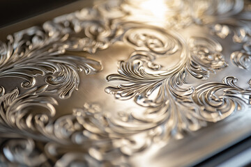 Various patterns and engravings on metal laser engraving closeup background.
