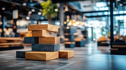 Obraz premium Stacked Industrial Ceramic Tiles with Rough Textures on Display in a Modern Interior Space Featuring Natural Lighting and Contemporary Design