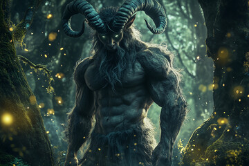 Mighty faun on magical forest background..