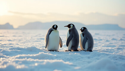 Obraz premium Three Emperor Penguin Chicks Standing on Snow and Ice in Antarctica Landscape