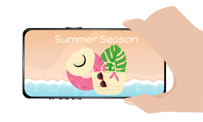 Vector illustration, a person's hand holds a smartphone, on the screen of which is depicted a suitcase, a straw hat, a beach bag, a donut, circle, glasses, red, a tropical leaf, a coast, water, sea