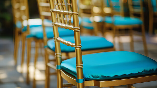 Elegant gold Chiavari chairs with turquoise cushions. Banquet chairs, wedding seating plan. Wedding chairs, Chiavari chairs. Seating plan wedding, tiffany chairs,  Chiavarina chairs, wedding chairs 