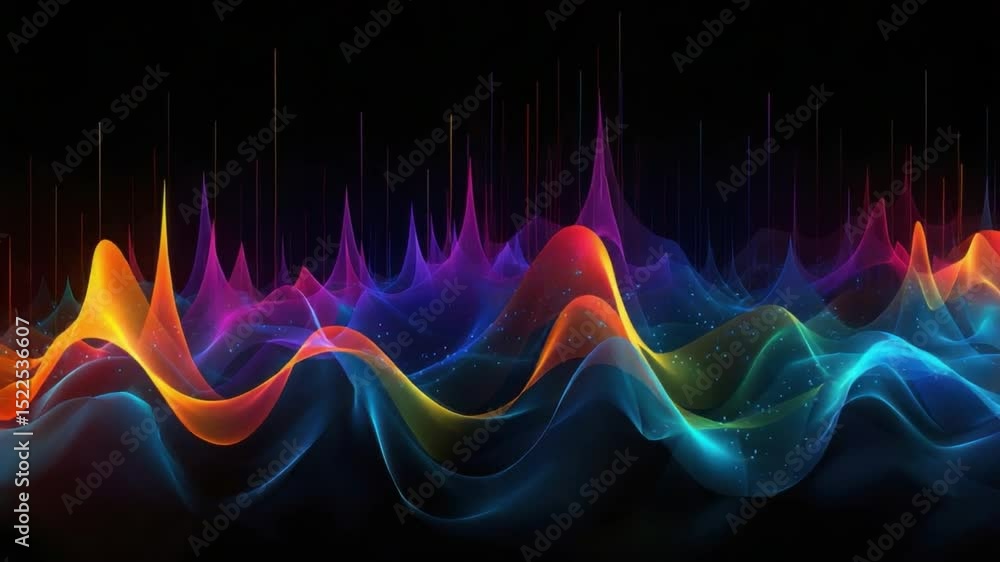 Poster vibrant sound wave: a mesmerizing visual representation of sound, with colorful undulating waves aga